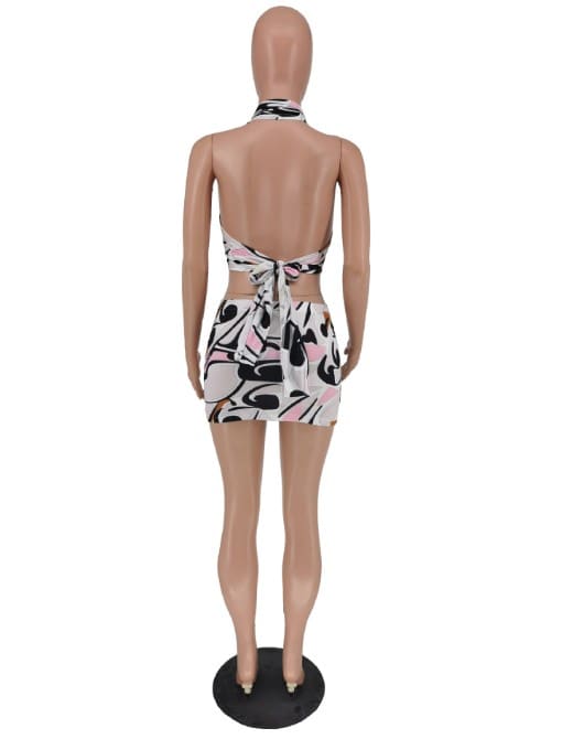 peopleterritory Fashion Printing Tie-Wrap Halter Top With Mini Skirt