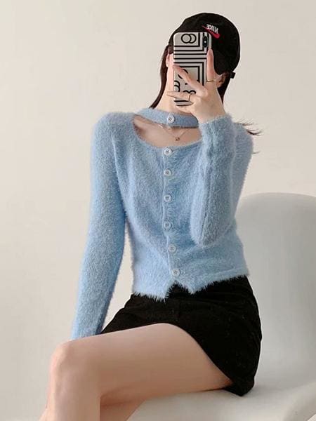 peopleterritory Leisure Mohair Halter Solid Color Knitting For Girl