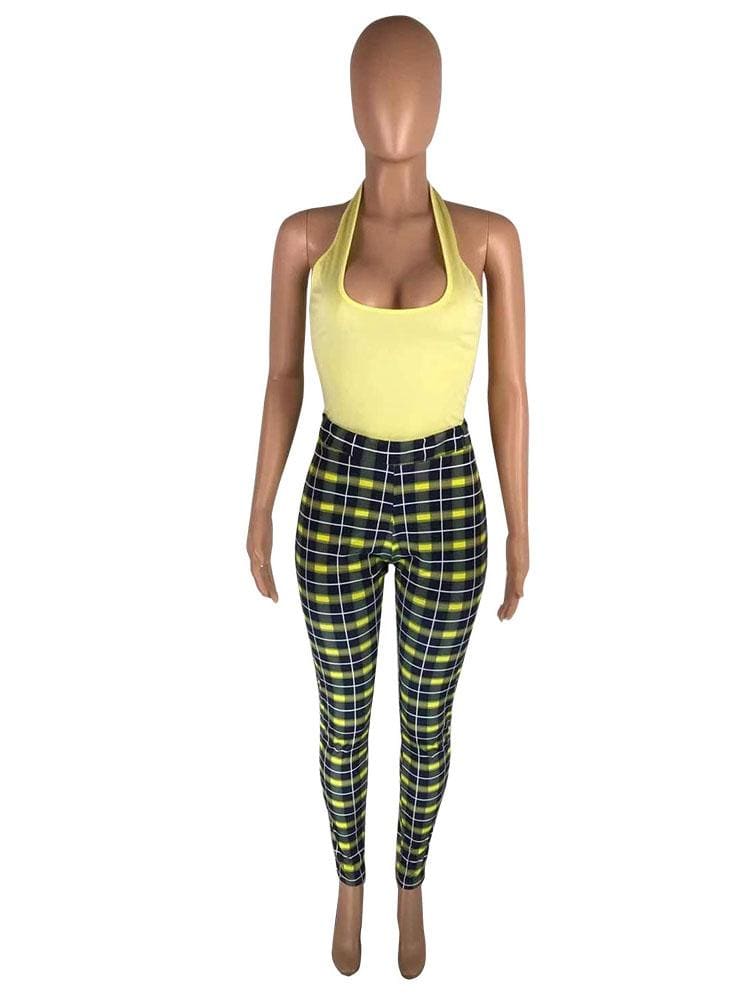 peopleterritory Low-Cut Solid Halter Tank With Plaid Pants