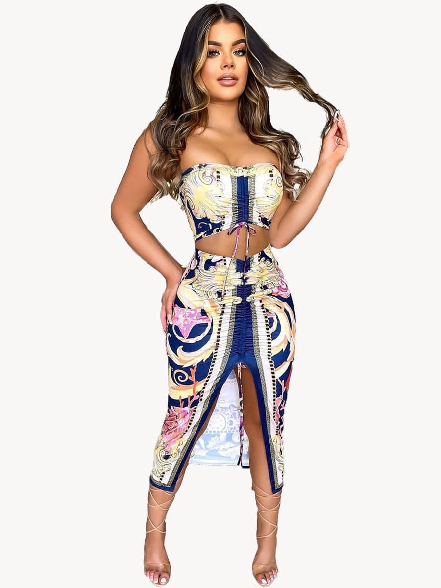 peopleterritory Popular Strapless Print Two Piece Skirt Sets