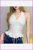 peopleterritory Tie Wrap Halter Ruffles White Tank Top Womens