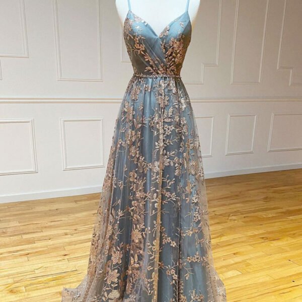 A-Line  V Neck Tulle Sequin Long Prom Dress. Backless Long Evening Dresses