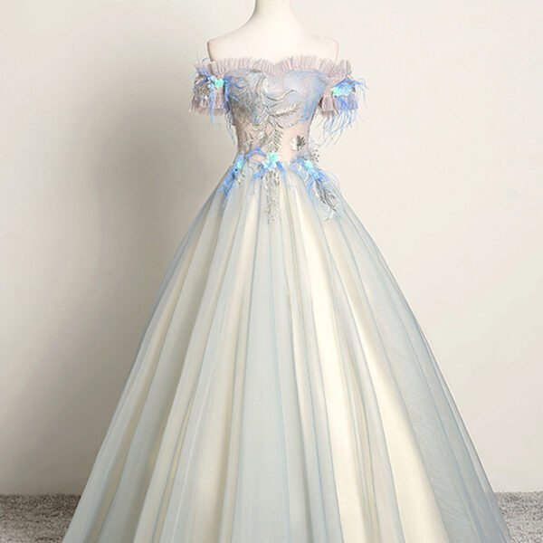 Gray Blue Sweetheart Lace Long Prom Dress. Gray Blue Tulle Evening Dress