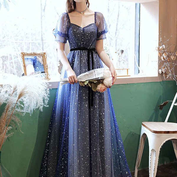 A-line Tulle Starry Blue Long Prom Dress. Blue Formal Graduation Dresses