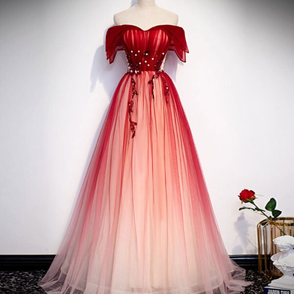 Burgundy Off Shoulder Tulle Long Prom Dress Burgundy Formal Dress