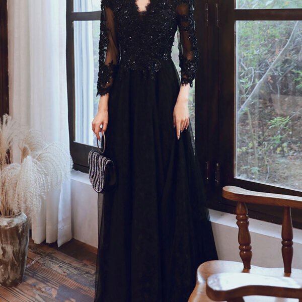 Black V Neck Tulle Lace  Beads Long Prom Dress. Black Tulle Evening Dresses