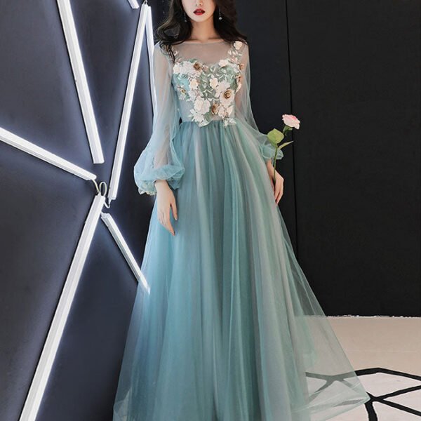 Green Tulle Lace Applique Long Prom Dress. Green Evening Dress