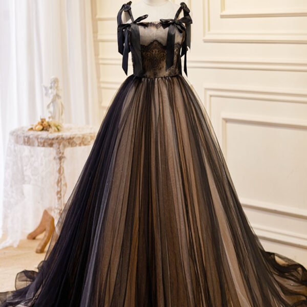 A-Line Tulle Lace Black Long Prom Dress. Black Formal Evening Dresses
