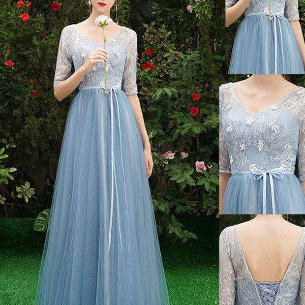 Simple A line Lace Blue Long Prom Dresses. Blue Lace Bridesmaid Dresses