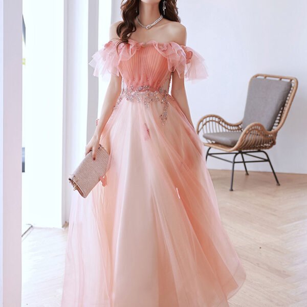 Pink Off Shoulder Tulle Long Prom Dress. Pink Tulle Formal Dress