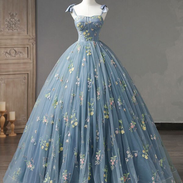 A-Line Sweetheart Neck Lace Gray Blue Long Prom Dress. Gray Blue Sweet 16 Dress