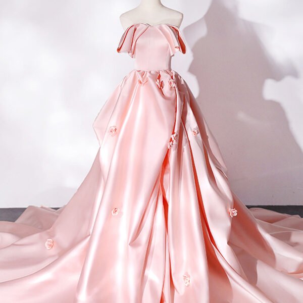 Pink Sweep Train Satin Long Prom Dress. Pink Formal Evening Dresses