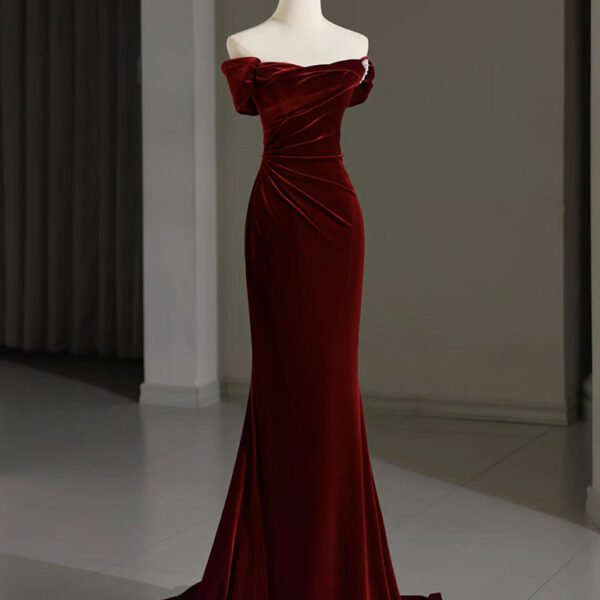 Mermaid Velvet Burgundy Long Prom Dress. Burgundy Long Evening Dress