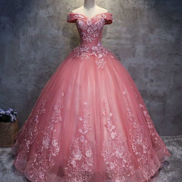 Pink Tulle Lace Off Shoulder Long Prom Dress Pink Tulle Evening Dress