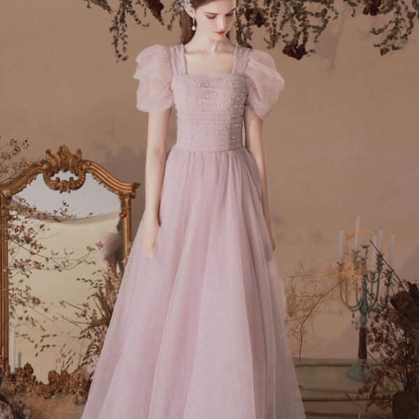 A-Line Pink Tulle Beading Long Prom Dress. Pink Formal Evening Dresses