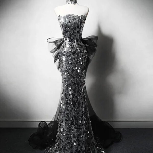 Simple Mermaid Tulle Sequin Black/Silver Long Prom Dress. Black/Silver Long Party Dress