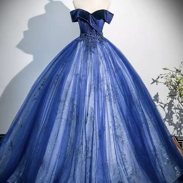 A-Line Off Shoulder Tulle Lace Blue Long Prom Dress. Blue Long Formal Dress