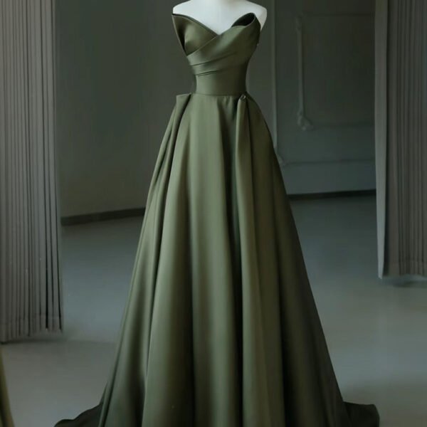 A-Line V Neck Satin Green Long Prom Dress. Green Long Evening Dress