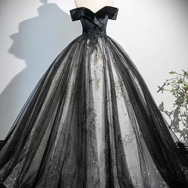 A-Line Off Shoulder Tulle Lace Black Long Prom Dress. Black Long Evening Dress