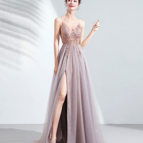 Unique V Neck Tulle Beads Long Prom Dress Tulle Formal Dress