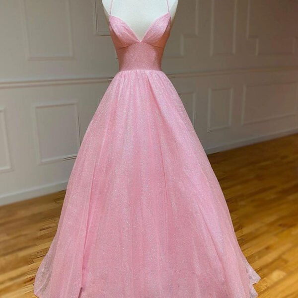 Pink V Neck Long Prom Dress. Pink A-line Sequin Tulle Evening Dress