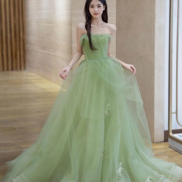 Green A line Tulle Long Prom Dress Green. Tulle Formal Evening Graduation Dresses
