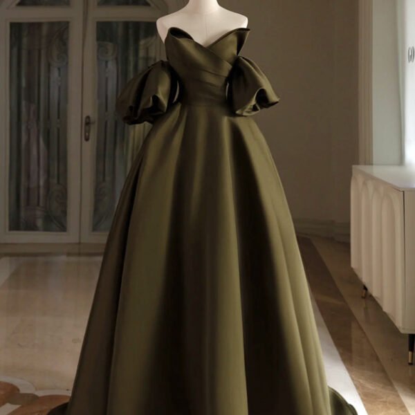 A-Line Puff Sleeves Olive Green Satin Long Prom Dress. Olive Green Long Formal Dress