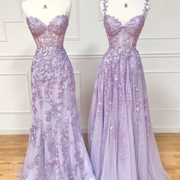 Purple Sweetheart Neck Lace Long Prom Dresses. Purple Lace Graduation Dress