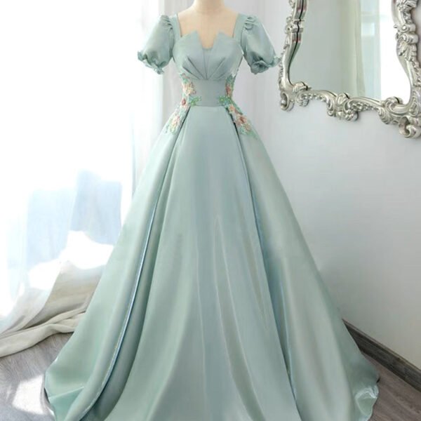 A-Line Satin Lace Applique Green Long Prom Dress. Green Long Formal Dress