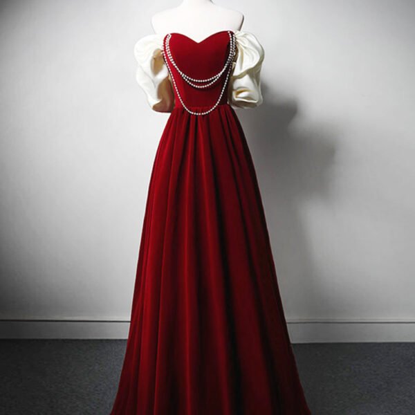 Burgundy A-Line Off Shoulder Velvet Lace Long Prom Dress. Burgundy Long Formal Dress