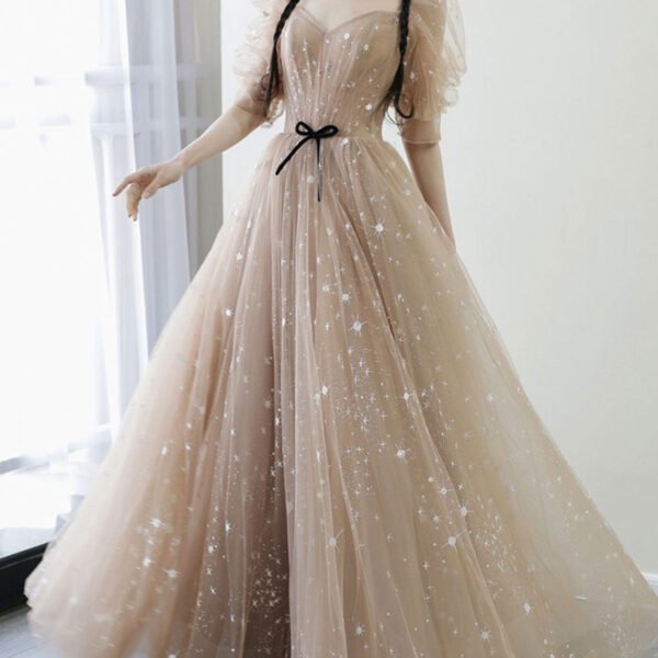Champagne A line Tulle Long Prom Dress. Champagne Formal Evening Graduation Dresses