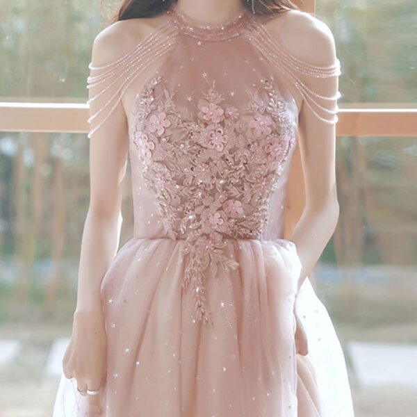 Unique Pink Tulle Lace Tea Length Prom Dress. Pink Tulle Formal Dresses