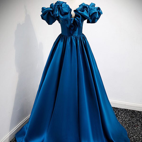 A-Line Off Shoulder Satin Blue Long Prom Dress. Blue Evening Dresses