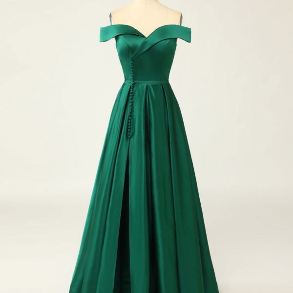 A-Line Green Off Shoulder Long Prom Dresses. Green Formal Evening Dresses