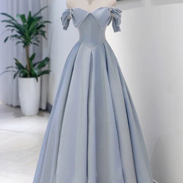 Unique Blue Satin Long Prom Dress. A line Blue Formal Graduation Party Dress