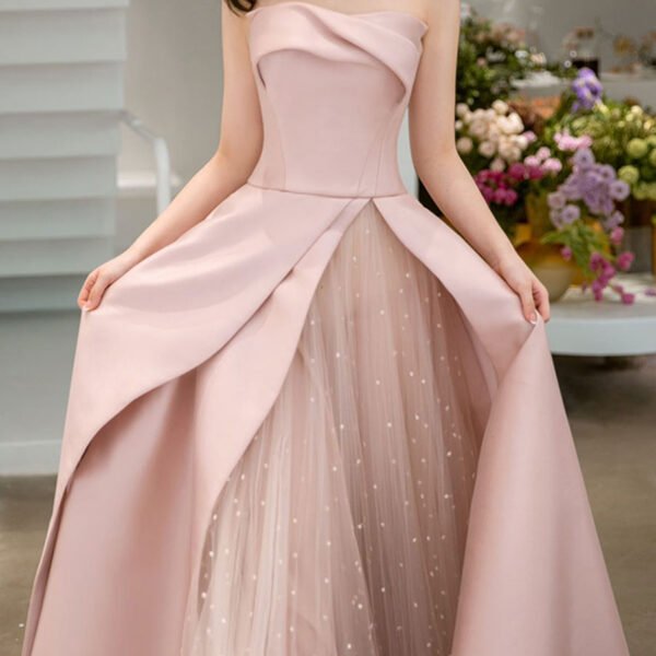 Pink Satin Tulle Long Prom Dress. Pink Formal Bridesmaid Dresses