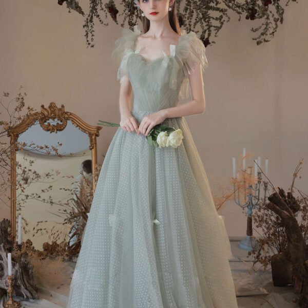 Green A Line Tulle Long Prom Dresses. Green Formal Graduation Dress