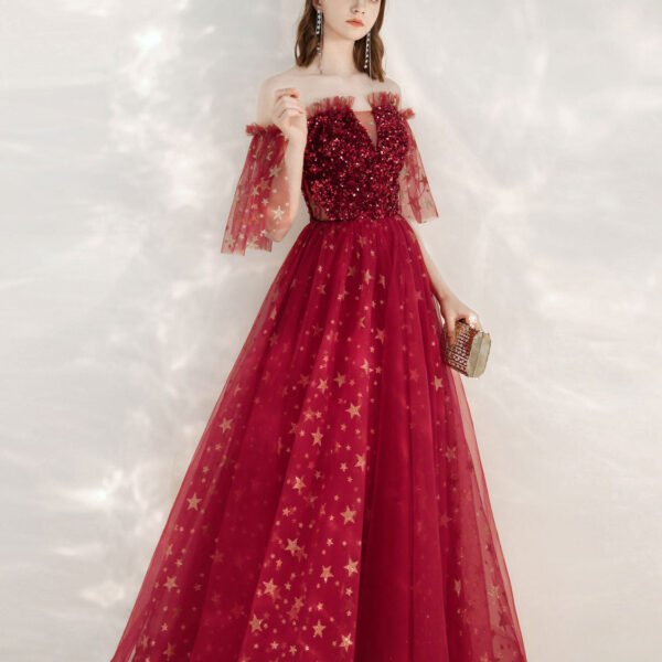 A-Line Burgundy Tulle Long Prom Dress. Burgundy Formal Evening Dresses