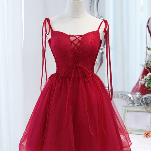 Red Tulle Lace Short Prom Dress Red Lace Puffy Homecoming Dress