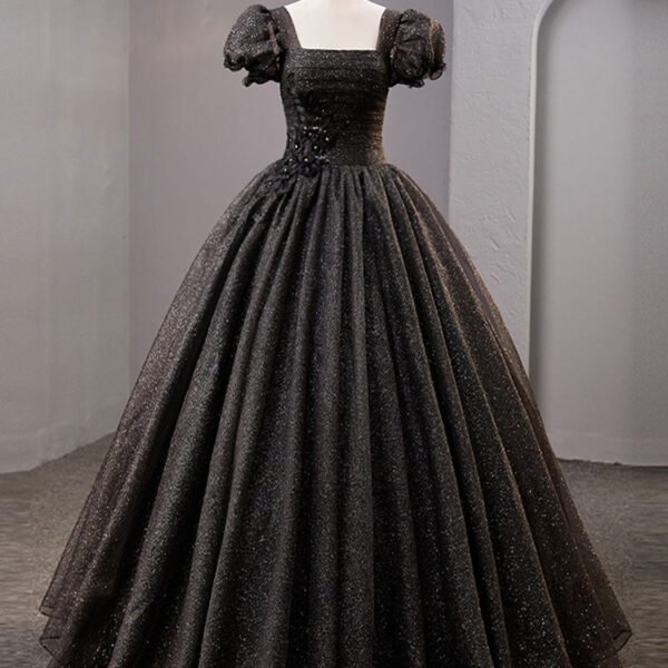 Black Square Neckline Tulle Long Prom Dresses. Shiny Tulle Black Evening Dress