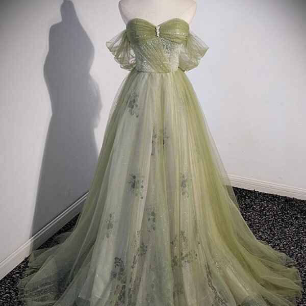 A Line Green Tulle Long Prom Dress. Green Formal Evening Dress with Beading