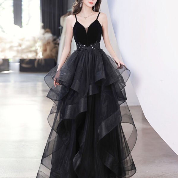 Black V Neck Tulle Long Prom Dresses. Black Formal Evening Dress