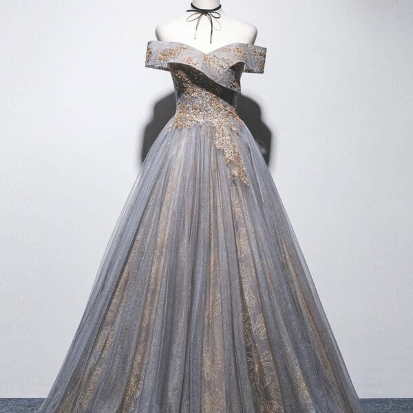 Unique Off Shoulder Tulle Long Gray Prom Dress. A line Tulle Lace Evening Dress