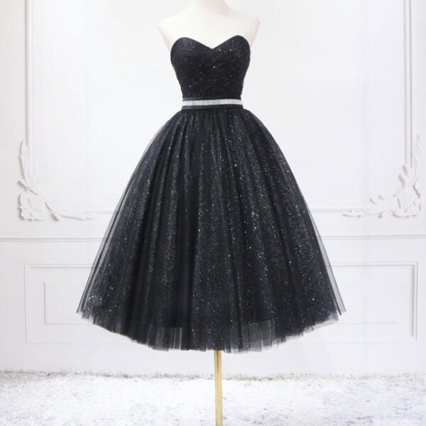 A-Line Sweetheart Neck Black Short Prom Dress. Black Formal Evening Dresses