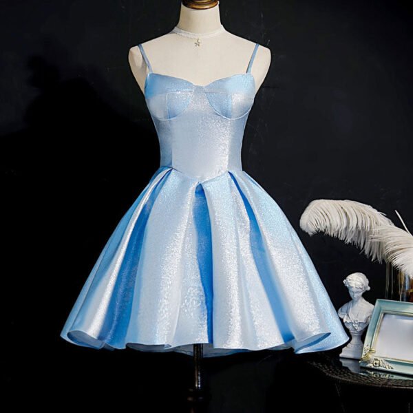 Simple Sweetheart Neck Satin Short Blue Prom Dresses. Puffy Blue Homecoming Dresses