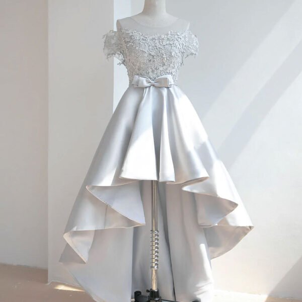 A-Line Scoop Neckline Lace Gray Prom Dress. High Low Style Satin Formal Dresses