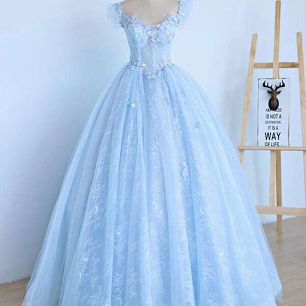 Blue A-Line Tulle Lace Long Prom Dresses. Blue Lace Formal Evening Dresses