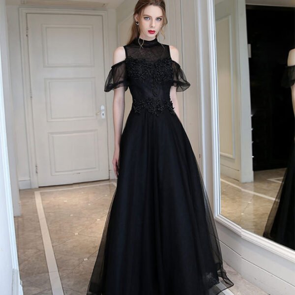 Unique Black High Neck Tulle Long Prom Dress. Black Evening Dress