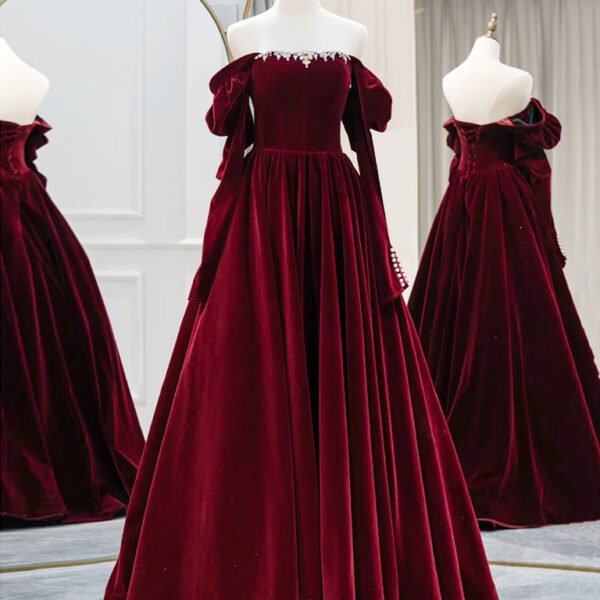 A-Line Long Sleeves Velvet Burgundy Long Prom Dress. Burgundy Long Evening Dress with Beads