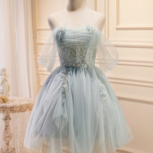 Puffy Tulle Off Shoulder Green Short Prom Dress. Green Homecoming Dresses